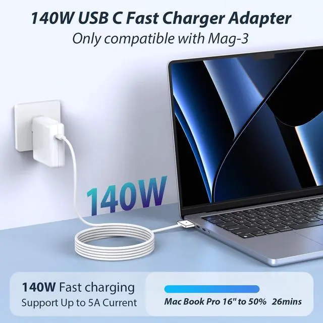 Alt view image 4 of 5 - Mac Book Charger 140W GaN USB-C Fast Charger, PD Power Adapter for MacBook Pro 16" 14", MacBook Air 15" 13" M1 M2 M3 M4 M5 (2021-2026), with 6.6ft USB-C to Magnetic 3 Cable