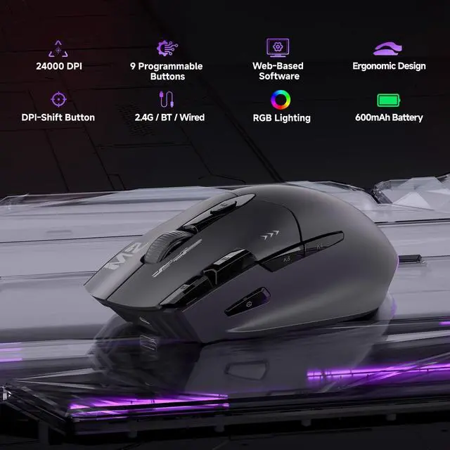 Alt view image 2 of 5 - TMKB M2 Wireless Gaming Mouse, 24K DPI, Tri-Mode 2.4G/BT/USB-C, 9 Buttons