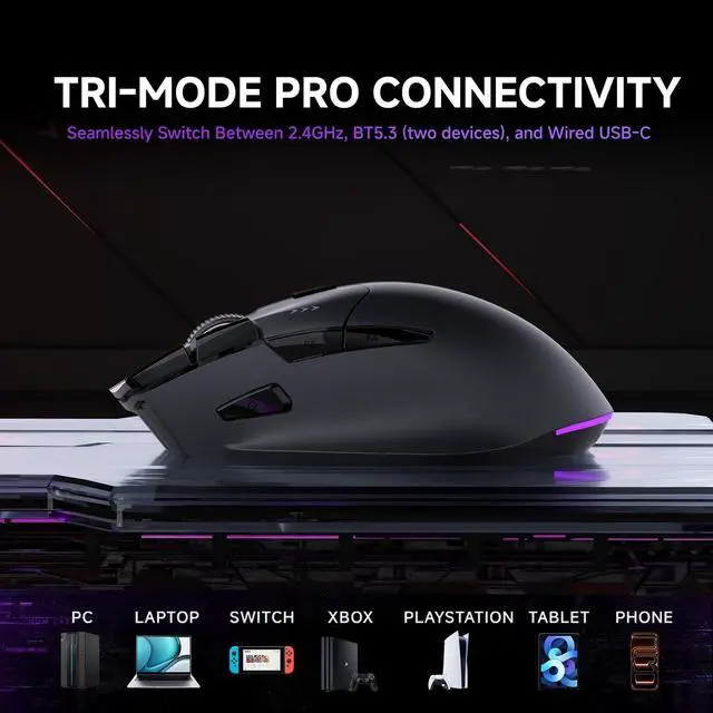 Alt view image 3 of 5 - TMKB M2 Wireless Gaming Mouse, 24K DPI, Tri-Mode 2.4G/BT/USB-C, 9 Buttons