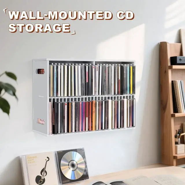 Alt view image 4 of 5 - SANFURNEY 52 Slots CD Storage Holder, Wall-Mounted CD Display Stand Jewel Cases Organizer Rack, Stackable Disc Case Holder for Theatre Room