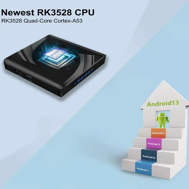 Alt view image 3 of 5 - 8K Android TV Box 13.0 2026 RK3528 Chip 4GB RAM 64GB ROM Smart TV Box Support WiFi6 BT5.0 USB3.0 Ethernet 10/100M LAN 2K 4K 3D HDR10 HD Video Android Box PRO13