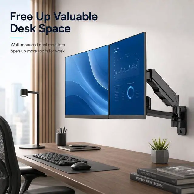 Alt view image 2 of 5 - Mount-It! Dual Monitor Wall Mount Bracket - Double Computer Monitor Wall Mount With Two Height Adjustable Full Motion Arms Tilt up to 17" - 32" Inch Screens with 75, 100 VESA Patterns, 19.8 Lb Per Arm