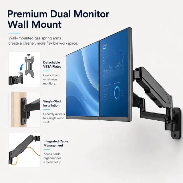 Alt view image 3 of 5 - Mount-It! Dual Monitor Wall Mount Bracket - Double Computer Monitor Wall Mount With Two Height Adjustable Full Motion Arms Tilt up to 17" - 32" Inch Screens with 75, 100 VESA Patterns, 19.8 Lb Per Arm