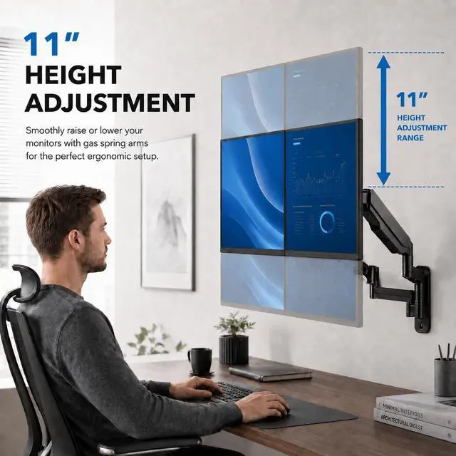 Alt view image 4 of 5 - Mount-It! Dual Monitor Wall Mount Bracket - Double Computer Monitor Wall Mount With Two Height Adjustable Full Motion Arms Tilt up to 17" - 32" Inch Screens with 75, 100 VESA Patterns, 19.8 Lb Per Arm