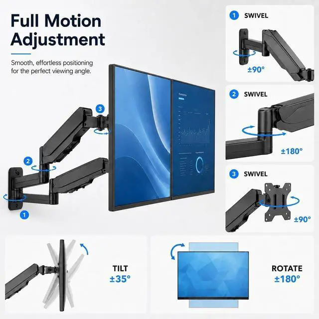 Alt view image 5 of 5 - Mount-It! Dual Monitor Wall Mount Bracket - Double Computer Monitor Wall Mount With Two Height Adjustable Full Motion Arms Tilt up to 17" - 32" Inch Screens with 75, 100 VESA Patterns, 19.8 Lb Per Arm