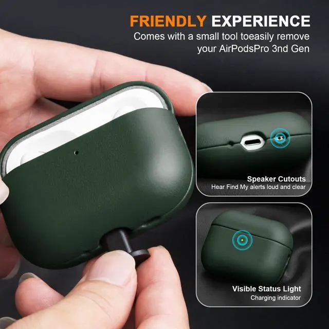 Alt view image 4 of 5 - Rumwot for AirPod Pro 3 Case, 100% Geniune Leather Protective Cover for AirPods Pro 3rd Gen (2025) Compatible with MagSafe and Wireless Charging, Anti-Scratch, Shockproof, Green