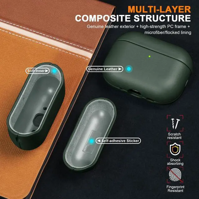 Alt view image 5 of 5 - Rumwot for AirPod Pro 3 Case, 100% Geniune Leather Protective Cover for AirPods Pro 3rd Gen (2025) Compatible with MagSafe and Wireless Charging, Anti-Scratch, Shockproof, Green