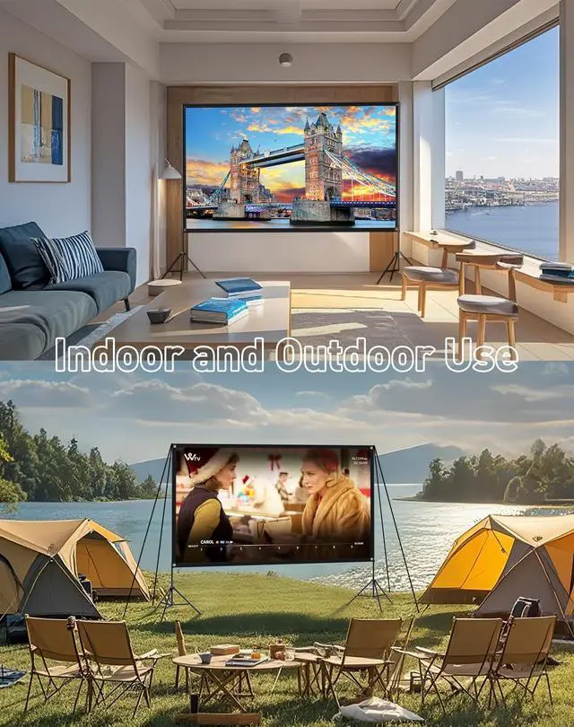 Alt view image 2 of 5 - 120 Inch Projector Screen with Dual Tripod Stands, 16:9 4K HD Foldable Anti-Crease Portable Outdoor Projector Screen with Stand for Movie Nights, Backyard, Indoor Home Theater, Large Projection Screen