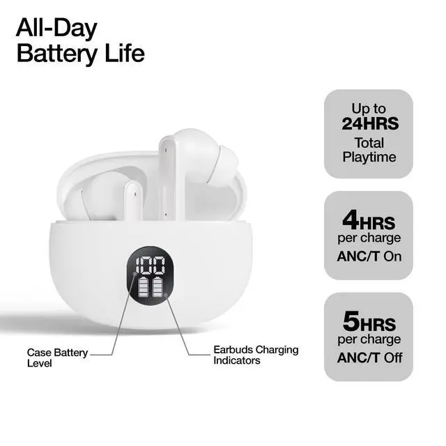 Alt view image 5 of 5 - HyperGear Active Noise Cancelling Wireless Earbuds + Dual Mics for Crystal-Clear Calls Upgraded Bluetooth 6.0 & Portable Charging Case with Digital Power Display