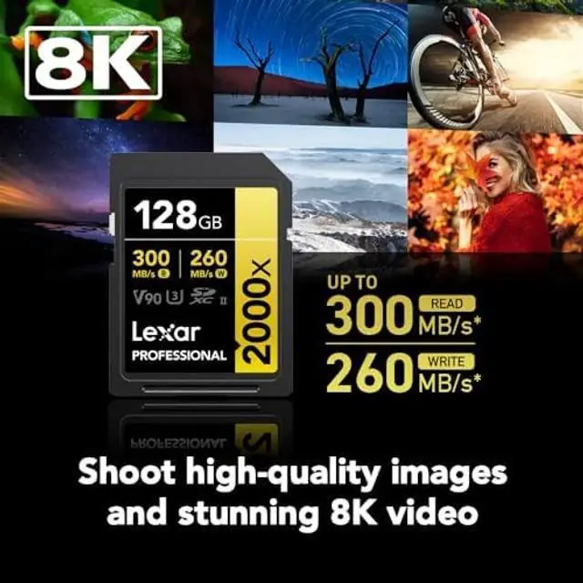 Alt view image 2 of 5 - Lexar 128GB Professional 2000x SD Card, UHS-II, C10, U3, V90, Full HD, 8K, Up To 300MB/s Read SDXC Memory Card, for DSLR, Cinema-Quality Video Cameras (LSD2000128G-BNNNU)