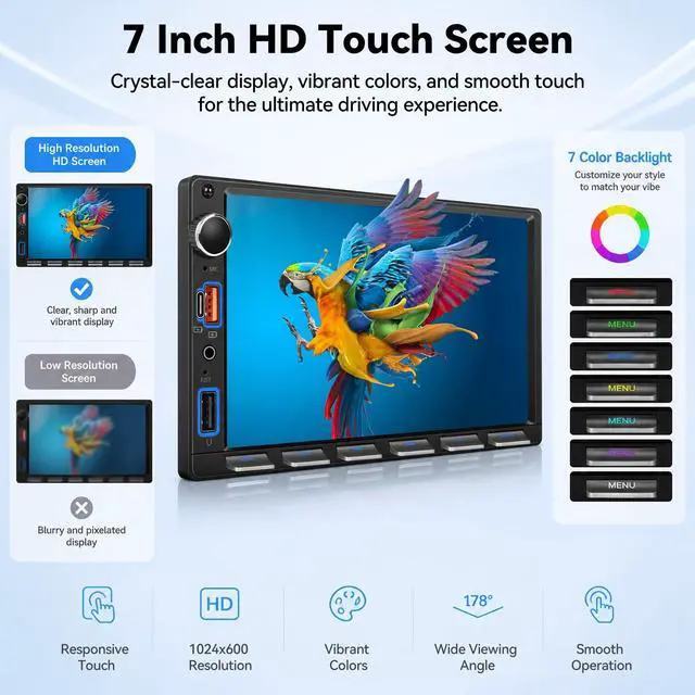 Alt view image 3 of 5 - SIXTOP 7 Inch Double Din Car Stereo with Backup Camera Bluetooth 5.0 Hands-Free HD Touch Screen Car Radio MP5 Player Support Mirror Link, FM/Type-C/USB/AUX/SWC Car Audio Receiver