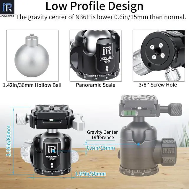Alt view image 3 of 5 - INNOREL N36F Quick Locking Low Profile Tripod Ball Head, Fast Lever Release, Panoramic CNC Metal Camera Tripod Ballhead with 2 Plates for Tripod Monopod DSLR Camcorder, Max Load 44lb/20kg (Sliver)