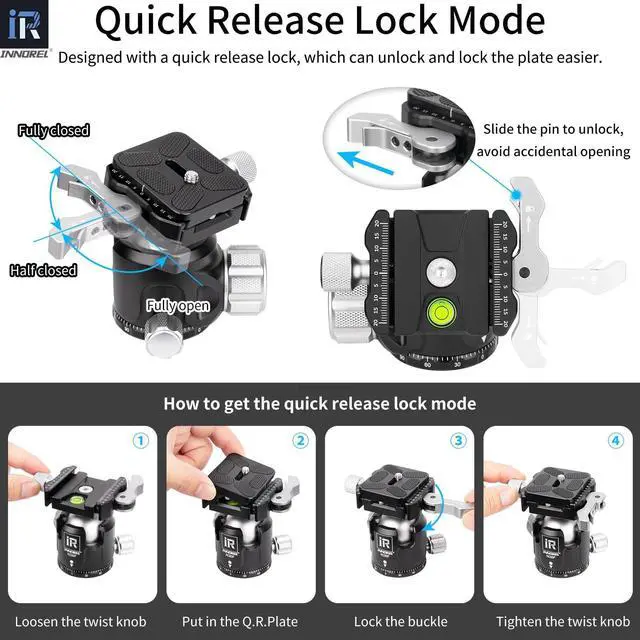 Alt view image 4 of 5 - INNOREL N36F Quick Locking Low Profile Tripod Ball Head, Fast Lever Release, Panoramic CNC Metal Camera Tripod Ballhead with 2 Plates for Tripod Monopod DSLR Camcorder, Max Load 44lb/20kg (Sliver)