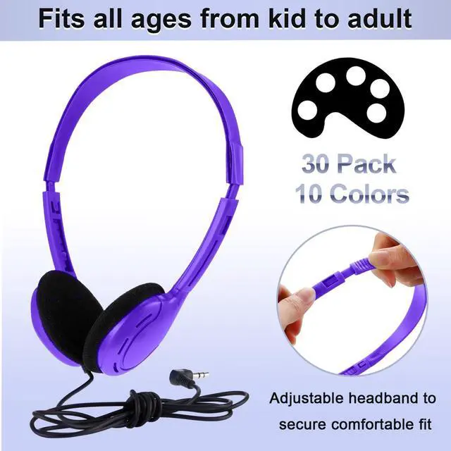 Alt view image 2 of 5 - Yunsailing 30 Pack Bulk Over Ear Headphones Set On Ear Headsets Earphones with Adjustable Headband and 3.5mm Plug for Group Learning, Computer Lab, Library, Online Lesson (Purple)