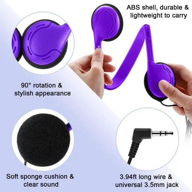 Alt view image 3 of 5 - Yunsailing 30 Pack Bulk Over Ear Headphones Set On Ear Headsets Earphones with Adjustable Headband and 3.5mm Plug for Group Learning, Computer Lab, Library, Online Lesson (Purple)