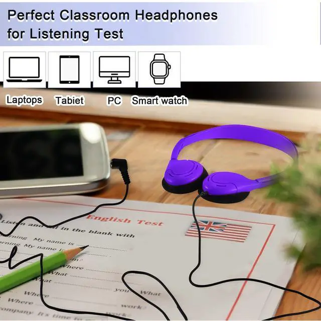 Alt view image 4 of 5 - Yunsailing 30 Pack Bulk Over Ear Headphones Set On Ear Headsets Earphones with Adjustable Headband and 3.5mm Plug for Group Learning, Computer Lab, Library, Online Lesson (Purple)