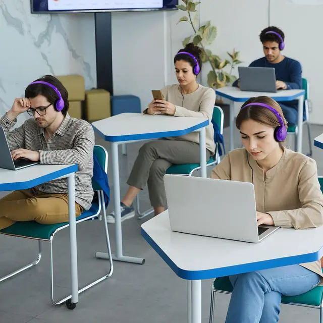 Alt view image 5 of 5 - Yunsailing 30 Pack Bulk Over Ear Headphones Set On Ear Headsets Earphones with Adjustable Headband and 3.5mm Plug for Group Learning, Computer Lab, Library, Online Lesson (Purple)