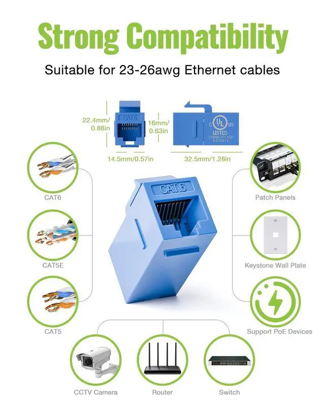Alt view image 4 of 5 - LEENUE 25 Pack CAT6 Keystone Coupler, UL Listed Ethernet Keystone Jack Female to Female, Gold-Plated RJ45 Cat6 Keystone Coupler UTP for Cat6/Cat5e/Cat5 Network Cable, 10Gbps, Blue