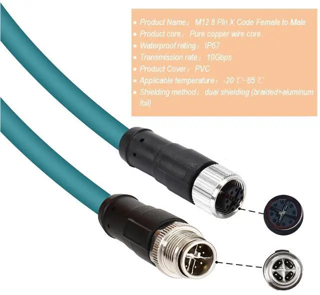 Alt view image 2 of 5 - Solnique M12 X-Code 8 Pin Industrial Ethernet Cable, IP67 Waterproof Shielded Sensor Cable, Male to Female High-Flex Aviation Connector for Cognex Camera, PLC, Automation System