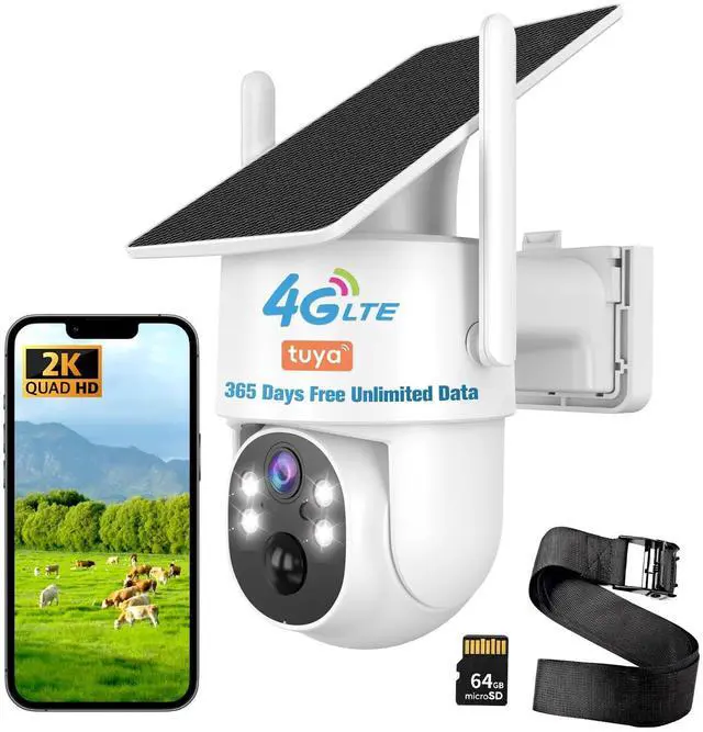 Main image of Kweiugfi 4G LTE Cellular Security Camera Outdoor,365 Days Free Unlimited Data,No WiFi Security Camera Solar Powered,360Viewing,2K Color Night Vision,Tuya Smart Camera,PIR Motion Sensor,64GB Storage
