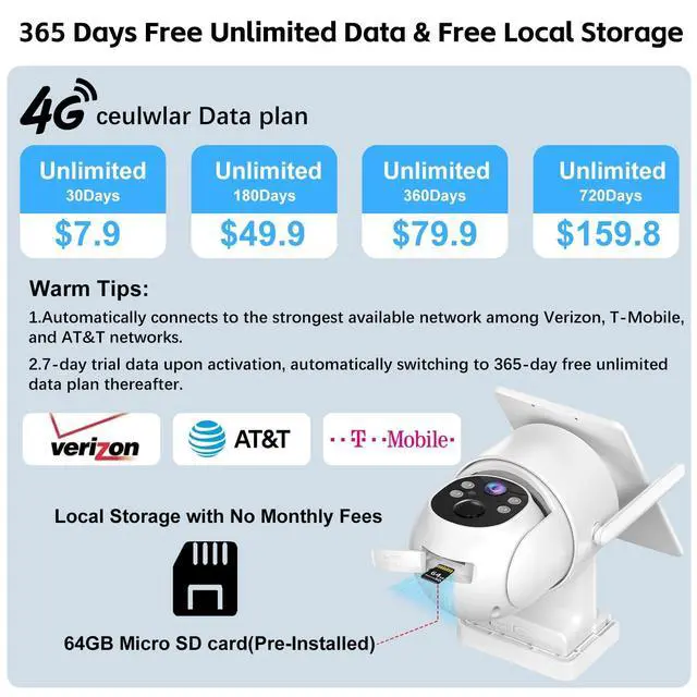 Alt view image 2 of 5 - Kweiugfi 4G LTE Cellular Security Camera Outdoor,365 Days Free Unlimited Data,No WiFi Security Camera Solar Powered,360Viewing,2K Color Night Vision,Tuya Smart Camera,PIR Motion Sensor,64GB Storage