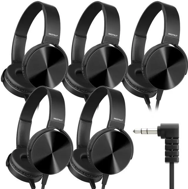 Main image of MKDTNJT 5 Pack Wired Bulk Kids Headphones for School Classroom K-12,On Ear with 3.5mm Jack, 4ft Tangle Free Cable,Ideal for Chromebook,Computer,Laptop (HTC004 Black)