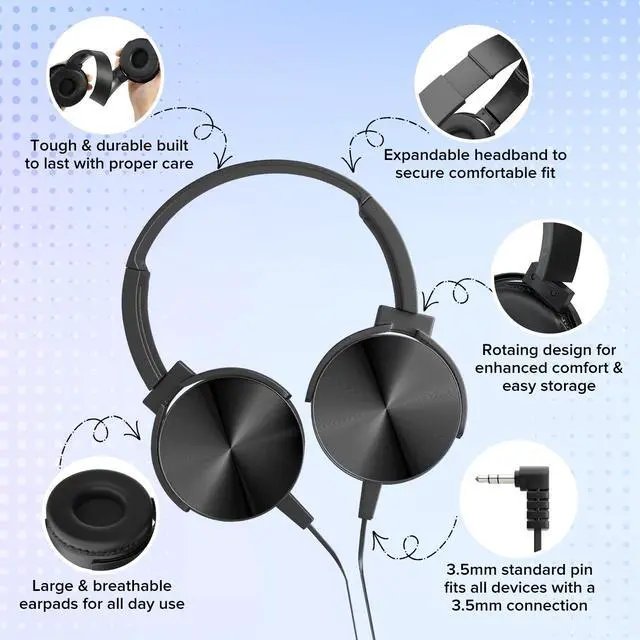 Alt view image 2 of 5 - MKDTNJT 5 Pack Wired Bulk Kids Headphones for School Classroom K-12,On Ear with 3.5mm Jack, 4ft Tangle Free Cable,Ideal for Chromebook,Computer,Laptop (HTC004 Black)