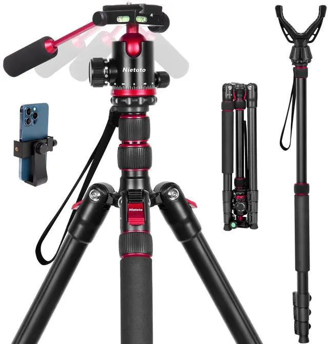 Main image of Nietoto 2 in 1 Camera Tripod & Hunting Stand Foldable, 68" Ball Head Tripod for Camera and Phone, Heavy Duty Tripod for DSLR Camera Lasers Binoculars Telescope Spotting Scope, Min Size 16.5" with Bag