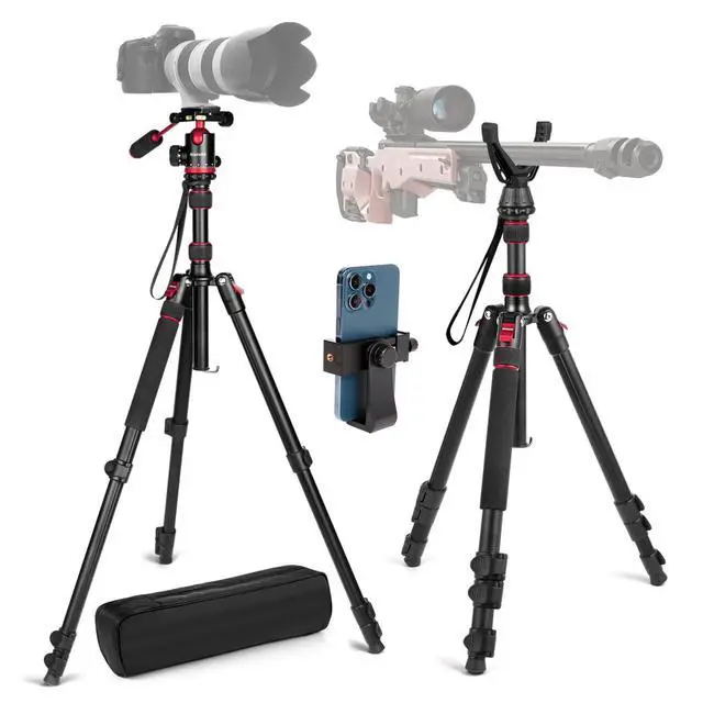 Alt view image 2 of 5 - Nietoto 2 in 1 Camera Tripod & Hunting Stand Foldable, 68" Ball Head Tripod for Camera and Phone, Heavy Duty Tripod for DSLR Camera Lasers Binoculars Telescope Spotting Scope, Min Size 16.5" with Bag