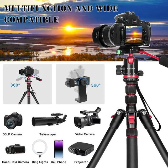 Alt view image 3 of 5 - Nietoto 2 in 1 Camera Tripod & Hunting Stand Foldable, 68" Ball Head Tripod for Camera and Phone, Heavy Duty Tripod for DSLR Camera Lasers Binoculars Telescope Spotting Scope, Min Size 16.5" with Bag