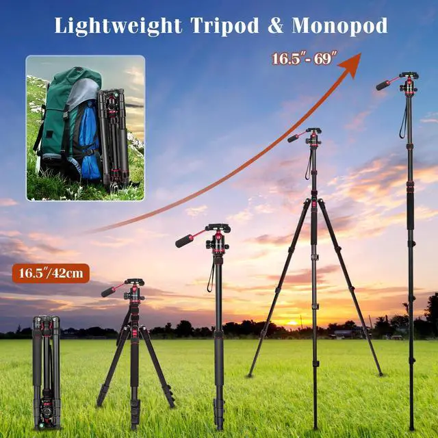 Alt view image 4 of 5 - Nietoto 2 in 1 Camera Tripod & Hunting Stand Foldable, 68" Ball Head Tripod for Camera and Phone, Heavy Duty Tripod for DSLR Camera Lasers Binoculars Telescope Spotting Scope, Min Size 16.5" with Bag