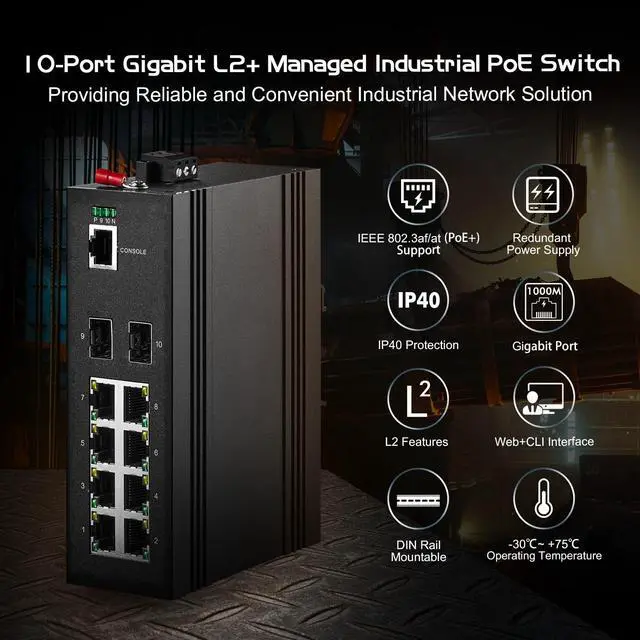 Alt view image 2 of 5 - 10 Port Gigabit Industrial Managed PoE Switch, 8 PoE, 2 SFP, IEEE802.3AF/AT, Vlan^^Route^^Ring^^ACL^^Qos L2+ Web/Console Binardat IP40 DIN-Rail Switch