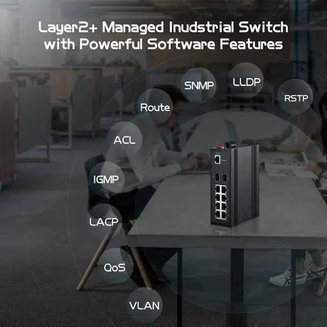 Alt view image 4 of 5 - 10 Port Gigabit Industrial Managed PoE Switch, 8 PoE, 2 SFP, IEEE802.3AF/AT, Vlan^^Route^^Ring^^ACL^^Qos L2+ Web/Console Binardat IP40 DIN-Rail Switch