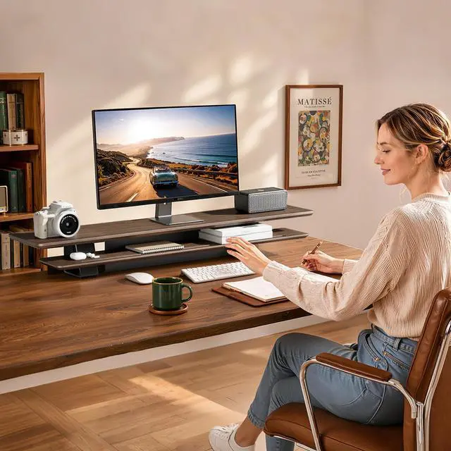 Alt view image 2 of 5 - PEGZONE Dual Monitor Stand, Wooden Monitor Stands Riser for 2 monitors, Wide 41.7" Long Monitor Stand Riser for Desk, Wood Monitor Stand Organizer for Home Office2-Tier DesktopMagnetic Back Panel