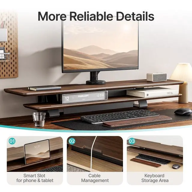 Alt view image 5 of 5 - PEGZONE Dual Monitor Stand, Wooden Monitor Stands Riser for 2 monitors, Wide 41.7" Long Monitor Stand Riser for Desk, Wood Monitor Stand Organizer for Home Office2-Tier DesktopMagnetic Back Panel