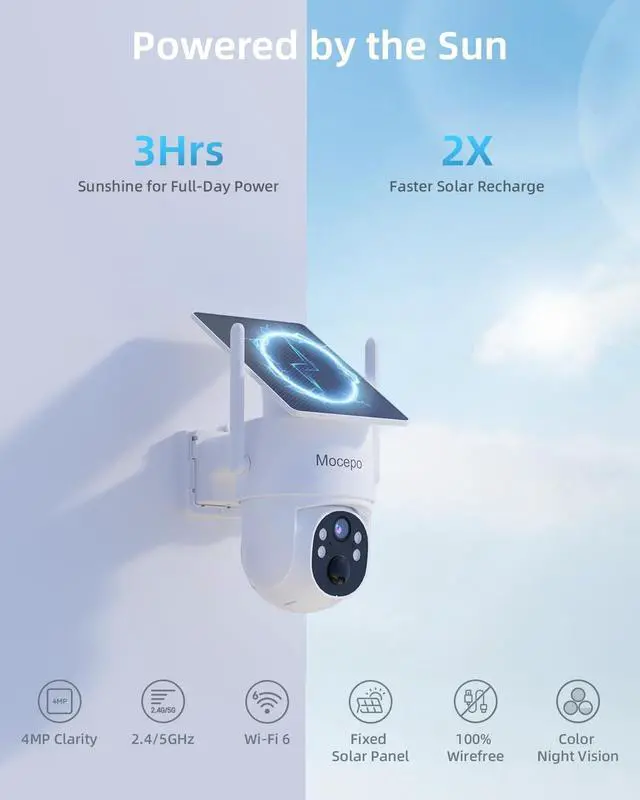 Alt view image 2 of 5 - mocepo Solar Camera Outdoor Wireless 5G&2.4G, 4MP 360 PTZ Wireless Cameras for Home Security, Outdoor Camera w/Color Night Vision, Two-Way Audio, Wi-Fi 6, SD/Cloud Storage