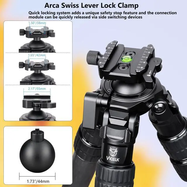 Alt view image 2 of 5 - VICELK MK403R Carbon Fiber Tripod for Hunting, 44mm Ball Head Adapter with Arca Swiss Quick Release Flip-locking, 360 Rotating for Shooting, Hunting and Outdoors, Max Tube 40mm/1.57", Load 40kg/88lbs