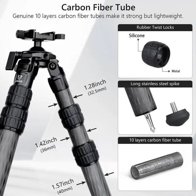 Alt view image 4 of 5 - VICELK MK403R Carbon Fiber Tripod for Hunting, 44mm Ball Head Adapter with Arca Swiss Quick Release Flip-locking, 360 Rotating for Shooting, Hunting and Outdoors, Max Tube 40mm/1.57", Load 40kg/88lbs