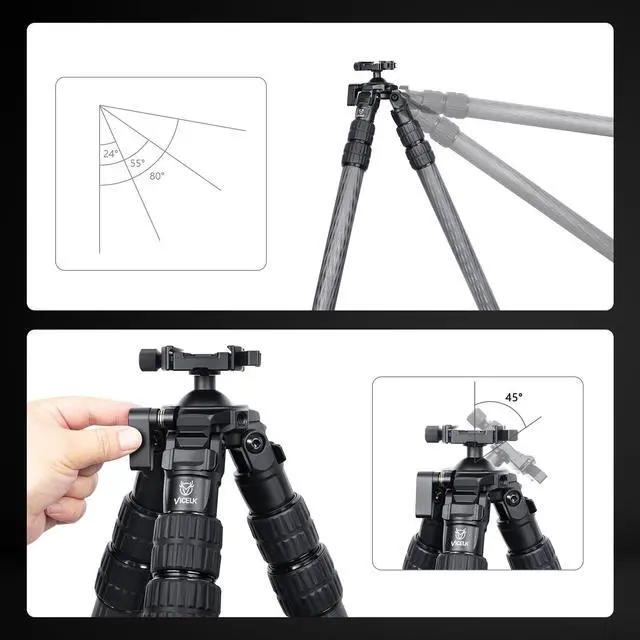 Alt view image 5 of 5 - VICELK MK403R Carbon Fiber Tripod for Hunting, 44mm Ball Head Adapter with Arca Swiss Quick Release Flip-locking, 360 Rotating for Shooting, Hunting and Outdoors, Max Tube 40mm/1.57", Load 40kg/88lbs