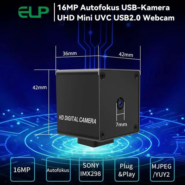 Alt view image 3 of 5 - ELP 16mp USB Autofocus Camera for Computer Mini UVC USB2.0 4K USB Webcam AF with 100degree Mini Size Lens IMX298 Video Lightburn Webcamera Industrial Embedded Web cam for Laptop PC Raspberry Pi