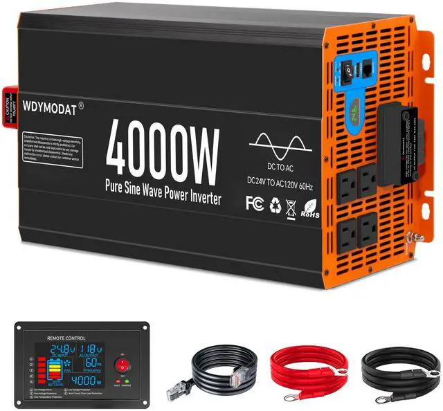 Main image of WDYMODAT 4000W Pure Sine Wave Inverter,24V DC to 120V AC Car Power Inverter 8000W Peak with 4 AC Outlets, 3.0A USB and Type-C, LCD Display 16.5 ft Remote Control for RV Truck Travel Solar Emergency