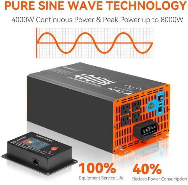 Alt view image 2 of 5 - WDYMODAT 4000W Pure Sine Wave Inverter,24V DC to 120V AC Car Power Inverter 8000W Peak with 4 AC Outlets, 3.0A USB and Type-C, LCD Display 16.5 ft Remote Control for RV Truck Travel Solar Emergency