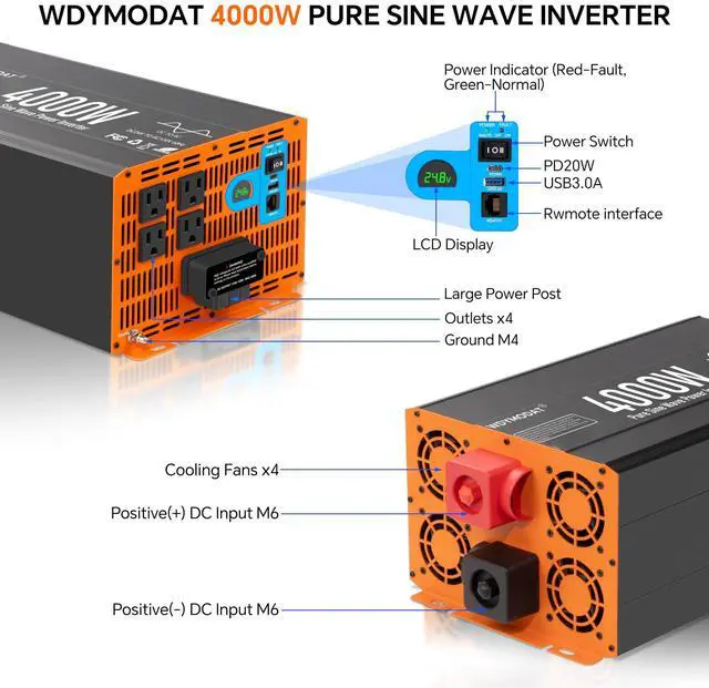Alt view image 3 of 5 - WDYMODAT 4000W Pure Sine Wave Inverter,24V DC to 120V AC Car Power Inverter 8000W Peak with 4 AC Outlets, 3.0A USB and Type-C, LCD Display 16.5 ft Remote Control for RV Truck Travel Solar Emergency