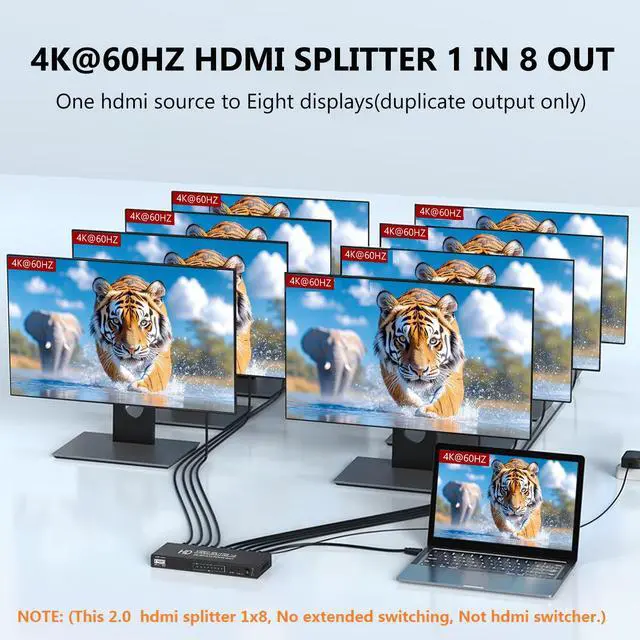 Alt view image 2 of 5 - 4K@60Hz 1x8 HDMI Splitter 4:4:4,18 Gbps,8 Port Powered HDMI 2.0 Splitter1 in 8 Out Support Auto Down Scaler, 4K 1080P Sync, HDR10,3D, HDCP 2.2,Only Duplication/Mirror Screens (Not Extend) for HDTV/PS5
