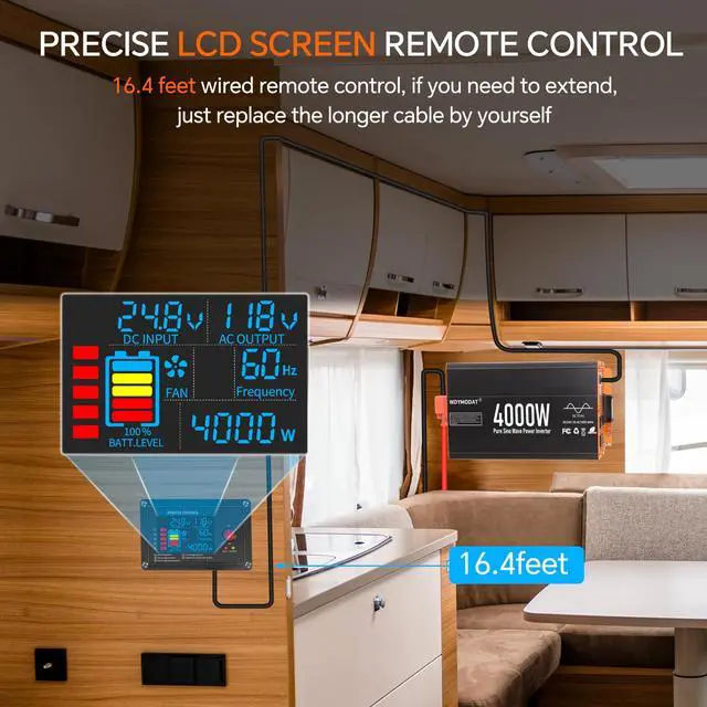 Alt view image 4 of 5 - WDYMODAT 4000W Pure Sine Wave Inverter,24V DC to 120V AC Car Power Inverter 8000W Peak with 4 AC Outlets, 3.0A USB and Type-C, LCD Display 16.5 ft Remote Control for RV Truck Travel Solar Emergency