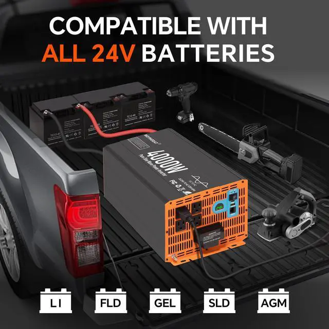 Alt view image 5 of 5 - WDYMODAT 4000W Pure Sine Wave Inverter,24V DC to 120V AC Car Power Inverter 8000W Peak with 4 AC Outlets, 3.0A USB and Type-C, LCD Display 16.5 ft Remote Control for RV Truck Travel Solar Emergency
