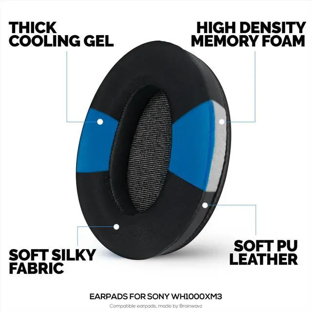Alt view image 3 of 5 - Hybrid Gel Earpads for Sony WH-1000XM3 Headphones, Cool Gel, Super Soft Fabric, PU Leather & Thicker Memory Foam for Additional Comfort, by Brainwavz