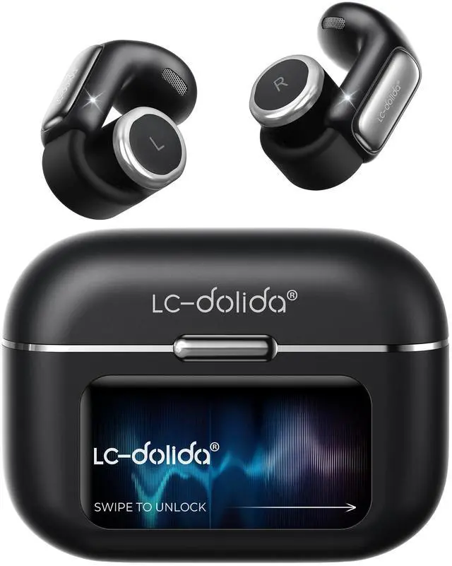 Main image of LC-dolida Open-Ear Wireless Earbuds with Smart LED Display Case, Clip On Earbuds All-Day Comfort & Situational Awareness, Case Control for Volume, EQ, Music, Find My Earbuds & Camera, Starry Bl