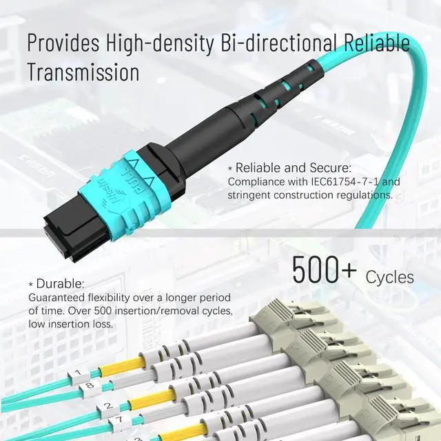 Alt view image 3 of 5 - Karono 23 ft (7M) MPO/MTP Fanout Patch Cable 8 x LC (4 Duplex) 40G OM3 Aqua