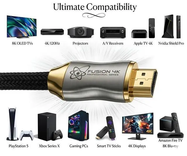 Alt view image 4 of 5 - Fusion4k 4K HDMI Cable 10 Feet - High Speed 18Gbps ^^ 4K@60Hz 2K@144Hz 1080p@240Hz ^^ HDR ARC Dolby Atmos ^^ Braided Cord for PS5, Xbox Series X, Apple TV, Roku, Soundbar, Gaming Monitor